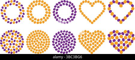 Prugne albicocche e frutta mescolano forma circolare e cuore cornice bordo e sfondo pieno grande set. Illustrazione vettoriale isolata schede tematiche, poster o banner promozionale Web, opuscoli, cartellino prezzi, etichetta Illustrazione Vettoriale