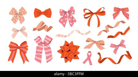 Set di fiocchi disegnati a mano, fascette per fiocchi, nastri. Vettore. Illustrazione Vettoriale