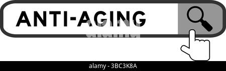 Cerca banner in parola anti-invecchiamento con icona a forma di lente di ingrandimento a mano su sfondo bianco Illustrazione Vettoriale