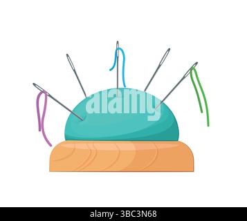 Graziosa illustrazione vettoriale in stile cartoni animati di un cuscino con aghi da cucire e fili colorati. Illustrazione Vettoriale