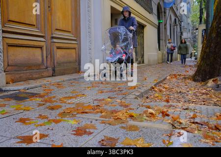 Buenos Aires, Argentina. 17 maggio 2025. I pedoni camminano sotto la pioggia in una strada di Buenos Aires, Argentina, 17 maggio 2025. La città di Buenos Aires ha assistito di recente a continue piogge nella sua stagione autunnale. Crediti: Zhang Duo/Xinhua/Alamy Live News Foto Stock