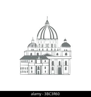 Basilica di San Pietro, Italia. Attrazioni di tutto il mondo. Punti di riferimento del mondo. Schizzo degli edifici. Delineare le illustrazioni vettoriali piatte isolate su bianco. Illustrazione vettoriale Illustrazione Vettoriale