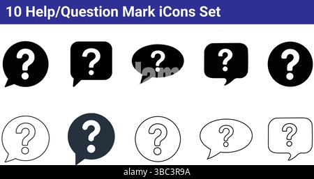10 Set di icone di punti interrogativi/Guida: Grafica vettoriale semplice Illustrazione Vettoriale