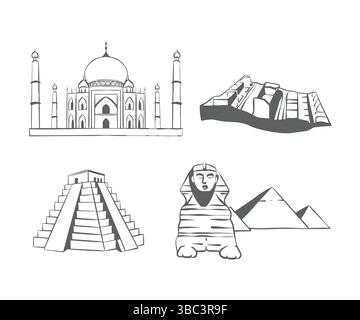 Attrazioni di tutto il mondo. Punti di riferimento del mondo. Schizzo degli edifici. Set di punti di riferimento di diversi paesi. Taj Mahal India, Sfinge e piramidi Egitto, Piramide di Teotihuacan Messico, Machu Picchu Perù. Delineare le illustrazioni vettoriali piatte isolate su bianco. Illustrazione vettoriale Illustrazione Vettoriale