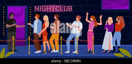 Coda di persone ospiti all'entrata del nightclub, affrontate il controllo da parte della guardia di sicurezza. Una folla variegata di giovani personaggi in abiti di moda in attesa di una festa o di un concerto nell'illustrazione vettoriale dei cartoni animati del club Illustrazione Vettoriale