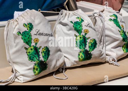 Borse con un motivo Lanzarote su una barca al largo di Lanzarote. L'insetto a scala cocciniana (Dactylopius coccus) è il tipico e più importante insetto di cactus su Lanzarote. Vive su cactus di fico d'India e produce il colorante rosso carmine, che ha plasmato l'economia dell'isola nel XIX secolo ed è ancora oggi utilizzato nei prodotti locali. San Marcial de Rubicón, Canarias, Spagna Foto Stock