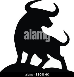 Angry Bull silhouette su sfondo bianco. Design grafico vettoriale con icona toro aggressivo. Illustrazione Vettoriale