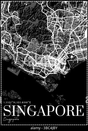 Mappa di Singapore in bianco e nero - contorno vettoriale semplice per uso didattico, guide di viaggio e arte murale stampabile Illustrazione Vettoriale