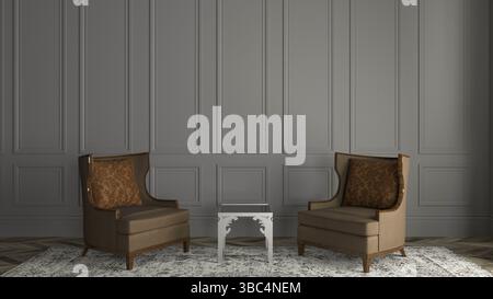 Sedie classiche in un interno classico con spazio per copie. Pareti stampate, cornice decorata. Pavimento in parquet. Illustrazione digitale. Rendering 3D. Foto Stock