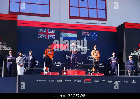 Imola, Bo, ITALIA. 18 maggio 2025. Podio della gara Formula 1 AWS Gran Premio del Made in Italy e dell'Emilia Romagna 2025 - autodromo Enzo e Dino Ferrari, Imola (BO) Italia dal 15 al 18 maggio 2025, (Credit Image: © Alessio De Marco/ZUMA Press Wire) SOLO USO EDITORIALE! Non per USO commerciale! Foto Stock