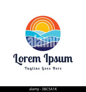 Vettoriale con logo Circular Sunrise Sunset Ocean Sea Wave Illustrazione Vettoriale