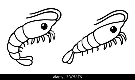 Carino disegno di gamberi a cartoni animati. Disegni a linee in bianco e nero, semplice illustrazione vettoriale disegnata a mano. Illustrazione Vettoriale