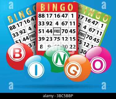 Lettere di bingo in palline con carte da bingo dietro, giornata nazionale di bingo o elemento grafico del gioco d'azzardo Illustrazione Vettoriale