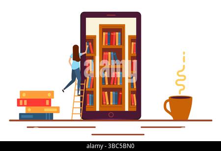 Lo studente sta imparando. una grande pila di libri su di loro fa sedere una giovane donna con un notebook. Illustrazione Vettoriale