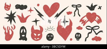 Set di scarabocchi Coquette Breaking Heart. Diavolo e angeli sfondo disegnato a pastello. Scarabocchiare gli elementi grunge. Fuoco, archi, corona e grunge punk. VEC Illustrazione Vettoriale