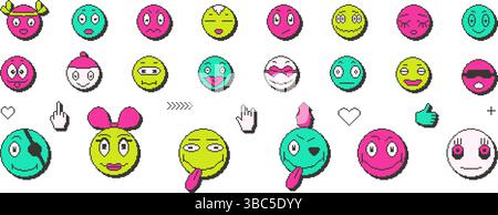 Il gioco di pixel art affronta con sorrisi. elementi dei personaggi retrò a 8 bit. Pixel 90s divertente stile espressivo. Vector Laugh e Happy y2k adesivi rotondi messi male Illustrazione Vettoriale