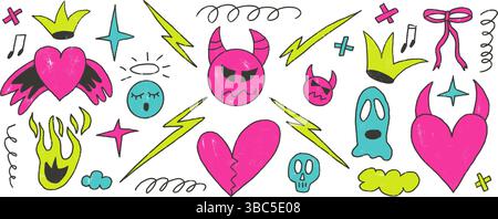 Y2K adora il set di stravaganti scarabocchi pastello. Diavolo e angeli colori al neon. Scarabocchiare gli elementi grunge. Cuori rotti, fiamma, nuvole e forme di schizzo. Ill vettoriale Illustrazione Vettoriale