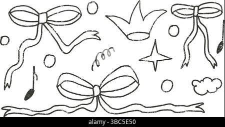 Doodle inchina disegnata a mano. Il coquette punk al carbone di carbone riproduce lo sfondo di doodle. Scrivi la corona grunge e le forme delle note musicali. disegni graffiti per schizzi di linea. V Illustrazione Vettoriale