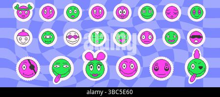 Il gioco di pixel art affronta con sorrisi. elementi dei personaggi retrò a 8 bit. Pixel 90s divertente stile espressivo. Vector Laugh e Happy y2k adesivi rotondi messi male Illustrazione Vettoriale