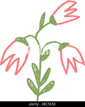 Pastello di Bellflowers disegnato. Scarabocchio primaverile isolato su fondo bianco. Elemento floreale estivo per bambini. Raschietto per bambini in stile gesso o pastello nat Illustrazione Vettoriale