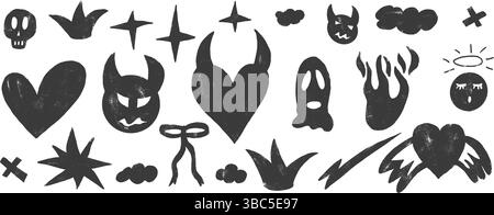 Set di scarabocchi a carbone punk Love. Devil and Angels sfondo testurizzato matita nero. Scrivi elementi grunge grintosi. Cuori, archi, corona e sk Illustrazione Vettoriale