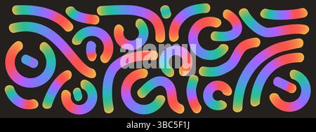Linee sfumate colorate impostate. Collezione Wavy Abstract Shapes. Scarabocchi decorativi. Elementi a spirale curvi irridescenti. Vortici vettoriali arcobaleno. Illustrazione Vettoriale