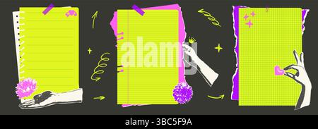 Carta foderata con patente legale con mani fotocopiate e fiori. Set di spazi vuoti per lo sfondo della carta per notebook. Forniture per ufficio e fogli scolastici. Studente o azienda Illustrazione Vettoriale