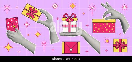 Mani mezzitoni che reggono collage di confezioni regalo pixel art. Elementi di vendita vintage natalizi. La mano ritagliata riceve un regalo. Buon compleanno, anniversario e retrò Illustrazione Vettoriale