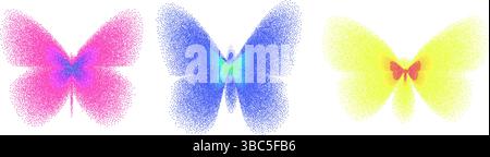 Figure di farfalle colorate e scanalate con gradiente di rumore della grana. Gli insetti psichedelici a farfalla Y2K creano icone isolate. Vibr. Vettoriale Illustrazione Vettoriale