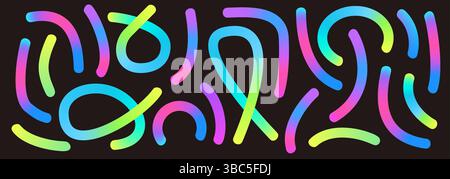Linee sfumate colorate impostate. Collezione Wavy Abstract Shapes. Scarabocchi decorativi. Elementi a spirale curvi irridescenti. Vortici vettoriali arcobaleno. Illustrazione Vettoriale
