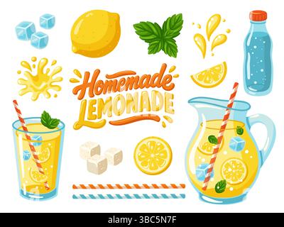Ingredienti e bevande alla limonata fatti in casa con limone, menta, cubetti di ghiaccio, caraffa, bicchiere. Illustrazione vettoriale cartoni animati Illustrazione Vettoriale