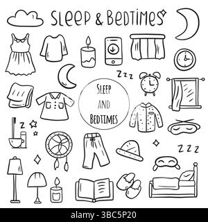 Una serie di elementi per dormire, riposare e dormire comodamente di notte. Stile di schizzo disegnato a mano. Luna, gatto, stella, elemento lampada. Illustrazione vettoriale Illustrazione Vettoriale