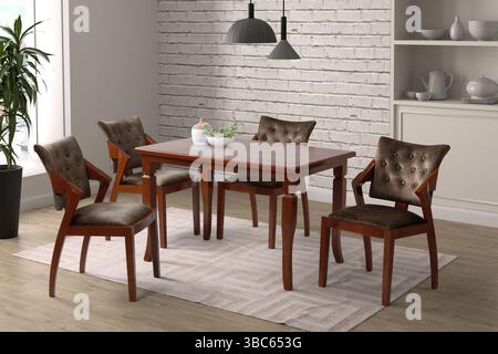 Rendering 3D degli interni moderni della sala da pranzo. design degli interni. tavolo da pranzo Foto Stock
