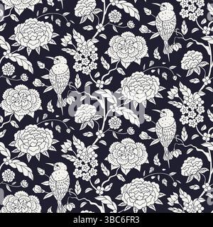Motivo senza cuciture con silhouette di uccelli e fiori disegnati a mano in bianco e nero monocromatico. Carta da parati floreale con risvolto in stile cinese Illustrazione Vettoriale