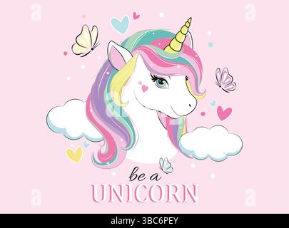 Un simpatico unicorno con farfalle e cuori Illustrazione Vettoriale