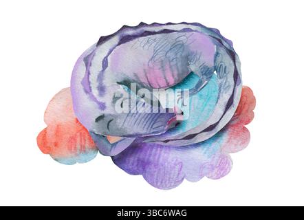 Illustrazione del neonato con animale ad acquerello. Coccodrillo su una nuvola multicolore Foto Stock