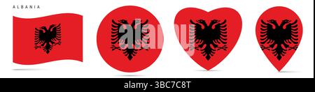 Bandiera albanese ondulata, badge adesivo circolare, icona a forma di cuore, spilla della mappa. Bottoni di bandiera albanese di forme diverse. Illustrazione vettoriale isolata o Illustrazione Vettoriale