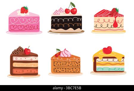Set clipart per torte di compleanno. Torta dessert, fetta elementi da disegno ritagliano le creazioni nella collezione di aromi di fragole, cioccolato e ciliegie in bianco Illustrazione Vettoriale