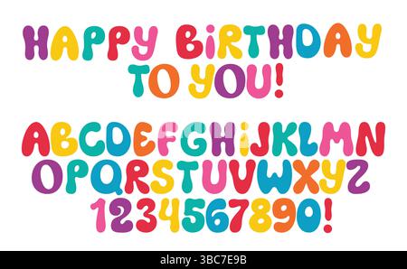 Buon compleanno calligrafia colorata Clipart Set. Buon compleanno con lettere e testo alfabetico e una collezione di clip art tipografiche Illustrazione Vettoriale
