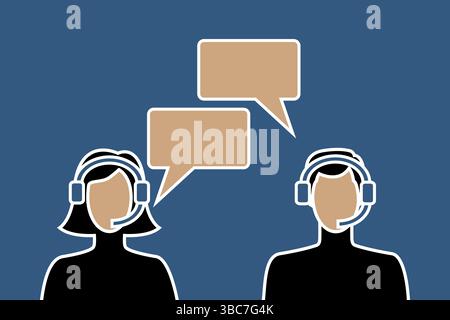 Icone avatar del call center di cuffie indossabili da uomini e donne, con bolle vocali, adatte all'helpdesk e ad altri servizi di assistenza clienti Illustrazione Vettoriale