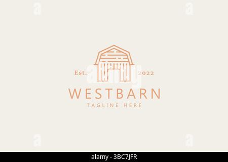 Modello con logo per fienile e fattoria in legno. Stile della linea e concetto di branding minimalista. Illustrazione Vettoriale