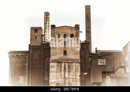 Vecchia centrale elettrica con pareti in mattoni, cemento e metallo, tonalità seppia retrò Foto Stock