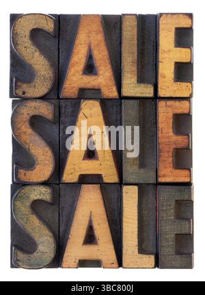 La vendita di parole (tre versioni) in stile letterpress vintage in legno, macchiata di inchiostro, isolata su bianco Foto Stock
