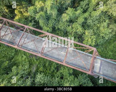 Vista aerea di un vecchio ponte contro alberi verdi (vecchia catena di rocce ponte sul fiume Mississippi) Foto Stock
