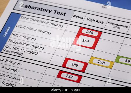 Colesterolo ad alto rischio - un dettaglio dei risultati degli esami di laboratorio del sangue con particolare attenzione al pannello lipidi Foto Stock