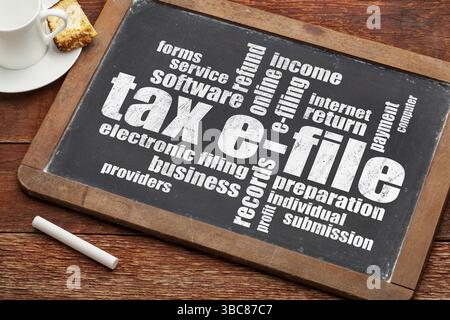 Concetto di archiviazione elettronica delle tasse - una nuvola di parole su una lavagna d'ardesia vintage con una tazza di caffè Foto Stock
