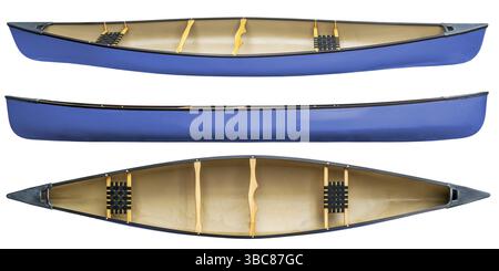 Canoa tandem blu con sedili in legno isolati sul bianco, vista dall'alto e laterale Foto Stock