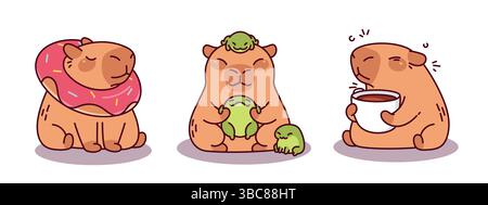 Carino set di personaggi dei cartoni animati di Capybara: Roditore paffuto con anello gonfiabile di ciambelle, adorabile animale che tiene piccoli amici rane, creatura assonnata che si gusta il caffè mattutino. Kawaii simpatici adesivi per mascotte. Illustrazione Vettoriale