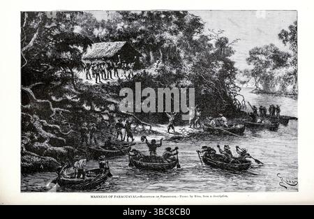 Modi di accoglienza degli stranieri paraguaiani disegnati da Riou del capitolo CLXXXII. Guarani e brasiliani dal LIBRO XXVIII America centrale e meridionale volume 8, della storia universale di Ridpath : un resoconto dell'origine, della condizione primitiva e dello sviluppo etnico delle grandi razze dell'umanità, e dei principali eventi nell'evoluzione e nel progresso della vita civile tra uomini e nazioni, da fonti recenti e autentiche con un'indagine preliminare sull'ora, il luogo e le modalità dell'inizio di Ridpath, John Clark, 1840-1900 pubblicato nel 1897 Foto Stock