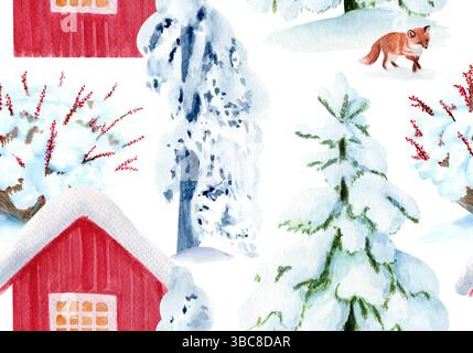 Le case scandinave rosse, gli alberi innevati, la volpe e i cespugli invernali colorano ad acquerello il motivo senza cuciture. Illustrazione dipinta a mano, perfetta per tessuti invernali, regalo Foto Stock